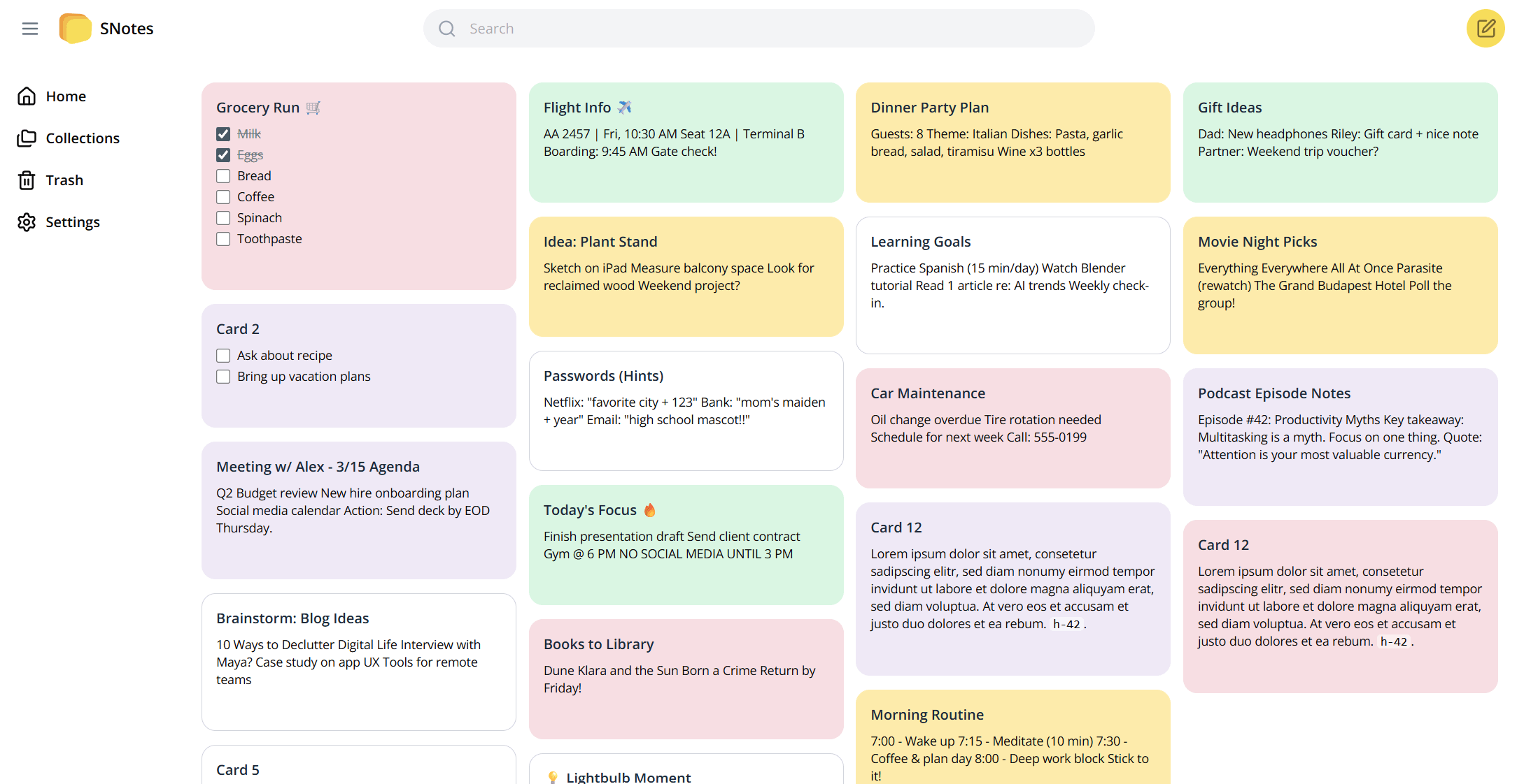 SNotes application screenshot